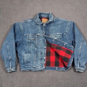 Vintage 90s Gap Denim Trucker Jacket Buffalo Plaid Lining Mens Medium Red Jean